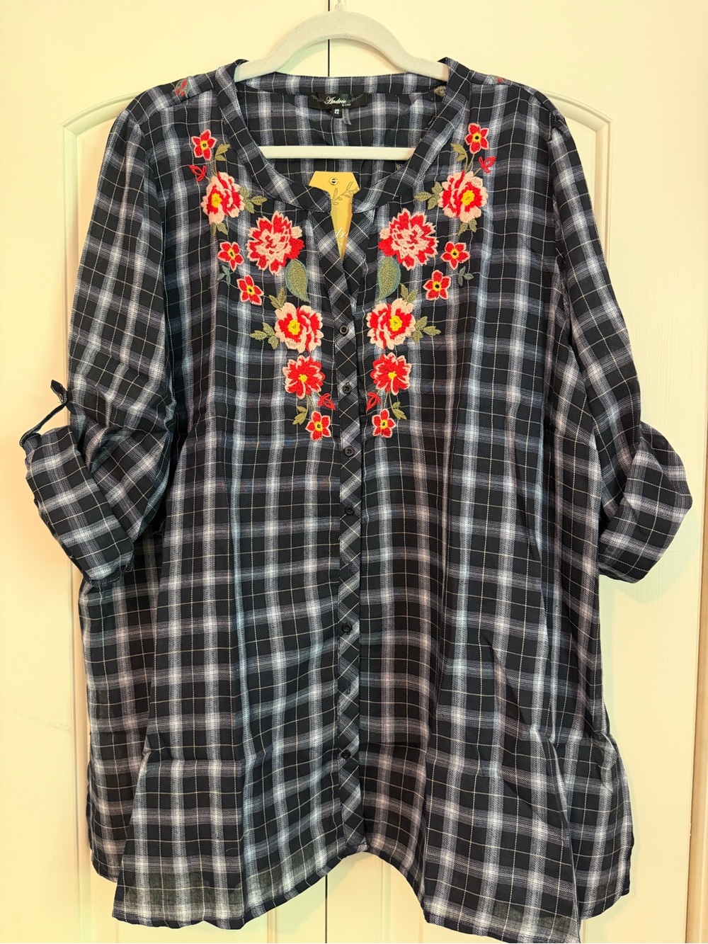 Andrée by UNIT Floral Embroidered Plaid Blouse